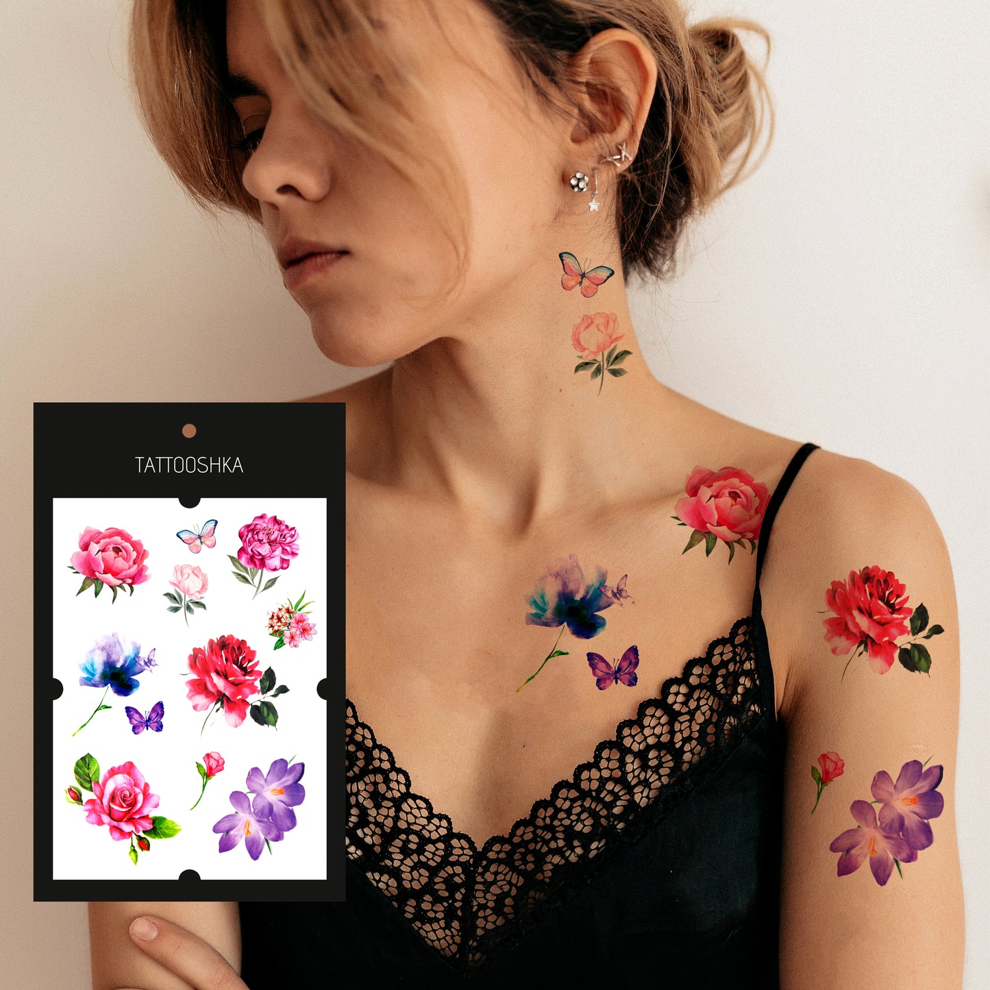 Temporary tattoo Watercolor set of 8 flowers