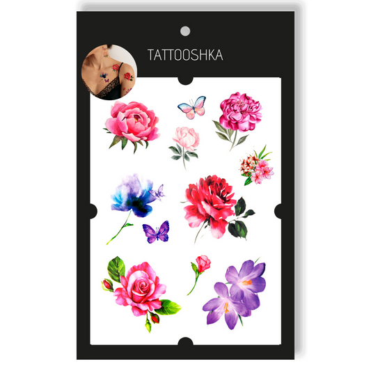 Temporary tattoo Watercolor set of 8 flowers